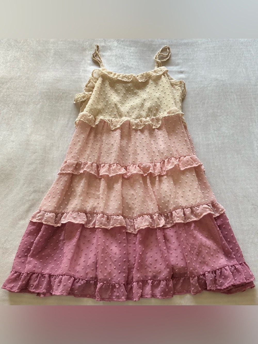 ombré pink swiss dot ruffle tiered dress w tie in back / size large